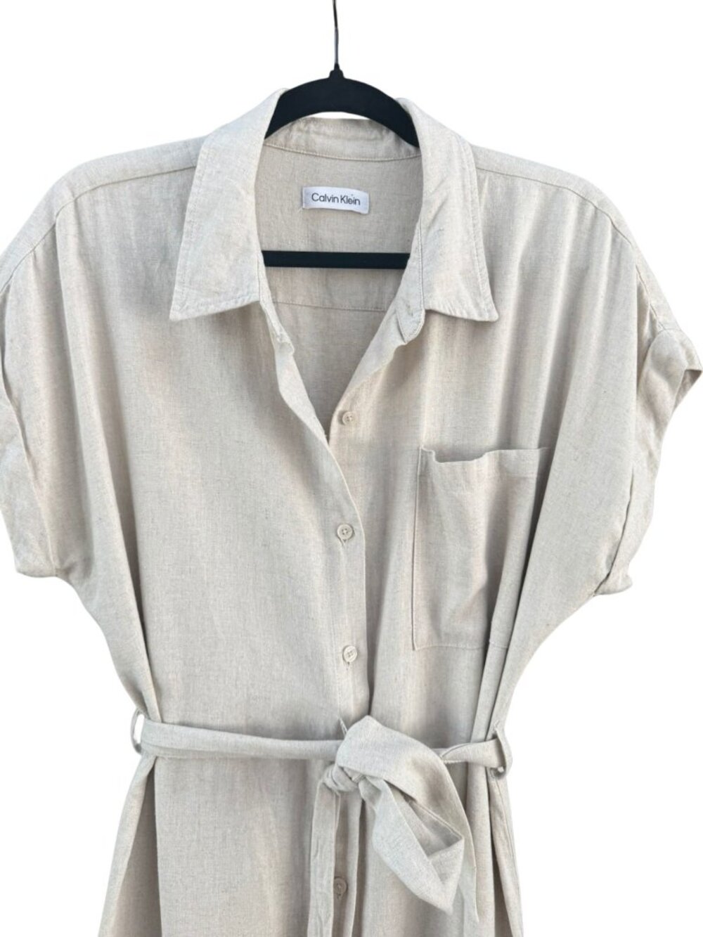 Calvin Klein Linen Blend Shirt Dress Belted Midi Beige Button Front Women's M - Picture 3 of 10